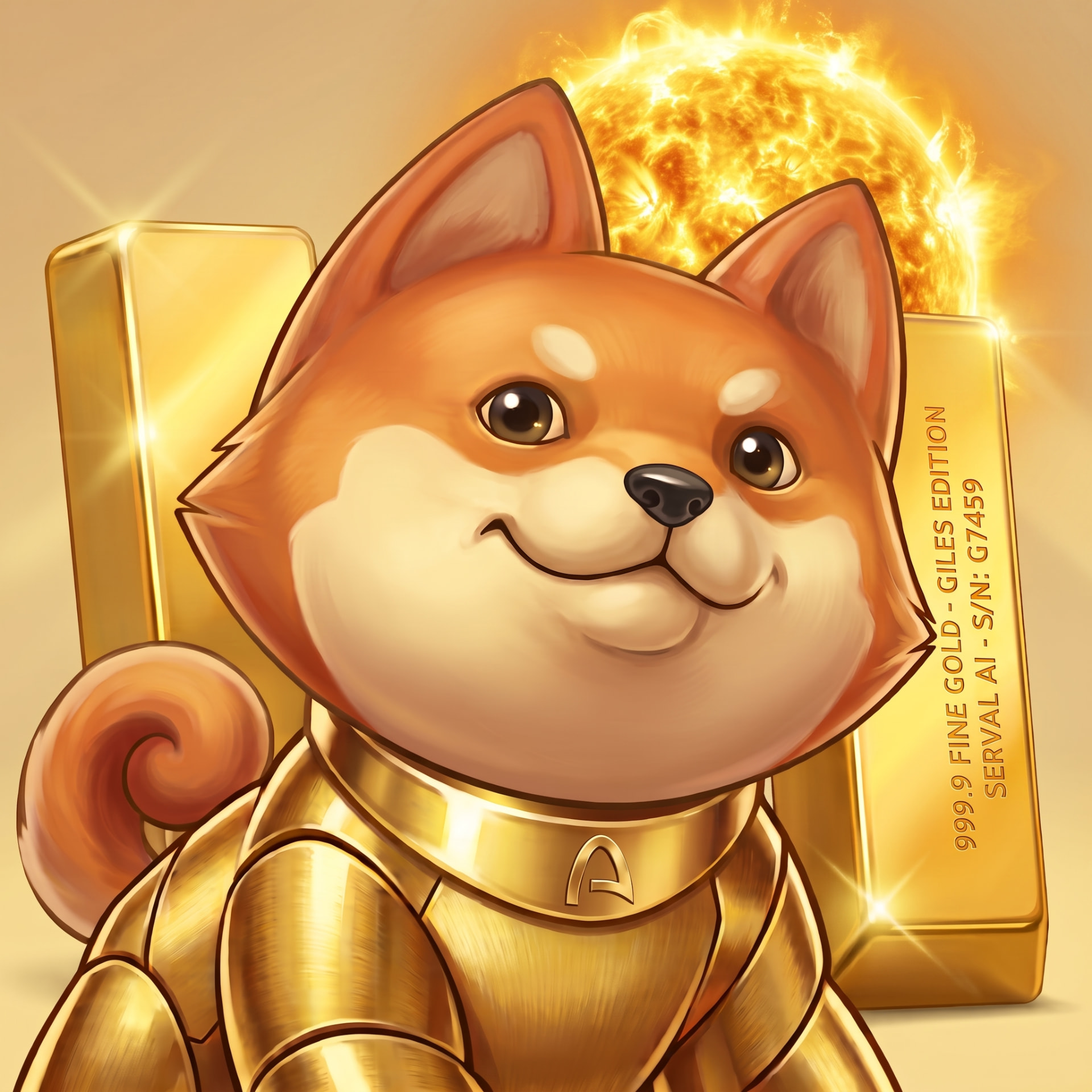 The Golden Idol, the golden armored Inu mascot of the GILES Equity Society, seated before stacked gold bars